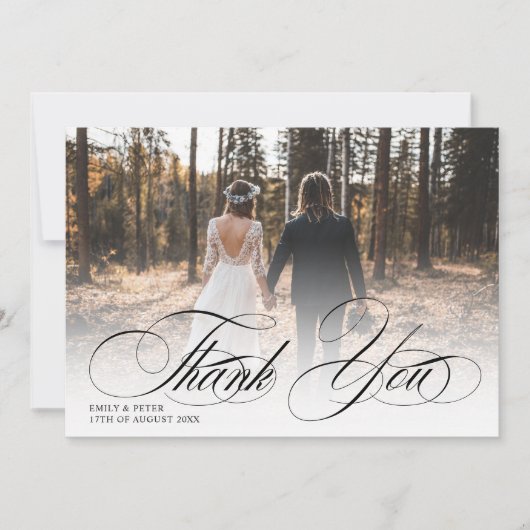 Elegant zwart wit dank u 2 foto's bruiloft bedankkaart (Voorkant)
