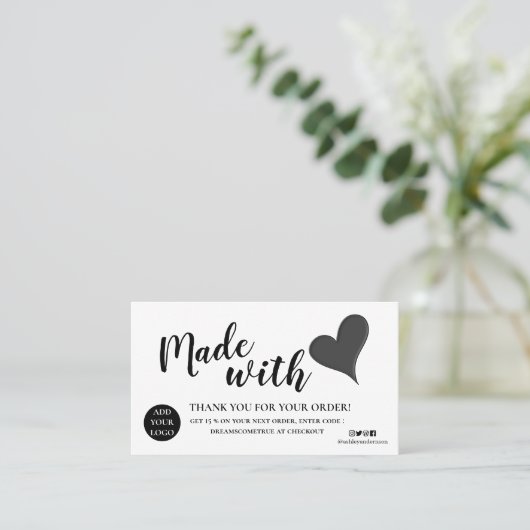 Elegant zwart-wit dank u gemaakt met liefde visitekaartje (Staand voorkant)