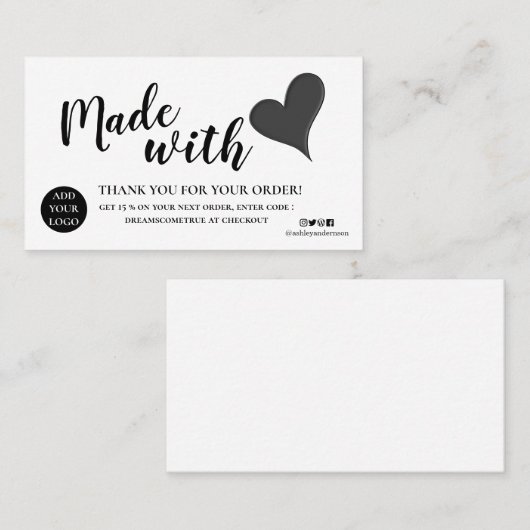 Elegant zwart-wit dank u gemaakt met liefde visitekaartje (Voorkant / Achterkant)