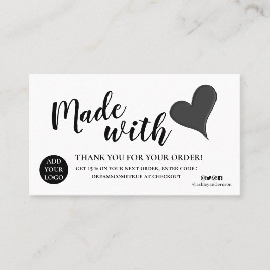Elegant zwart-wit dank u gemaakt met liefde visitekaartje (Voorkant)