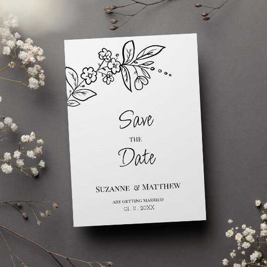 Elegant zwart wit eenvoudige bloemen Save the Date Kaart
