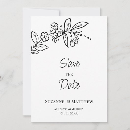 Elegant zwart wit eenvoudige bloemen Save the Date Kaart (Voorkant)