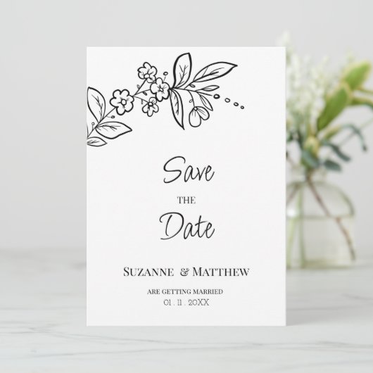 Elegant zwart wit eenvoudige bloemen Save the Date Kaart (Staand voorkant)