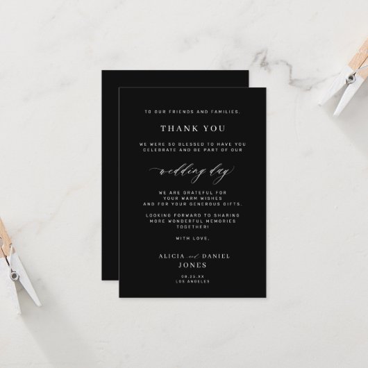 Elegant zwart-wit, eenvoudige bruiloft bedankt kaart (Voorkant / Achterkant in situ)