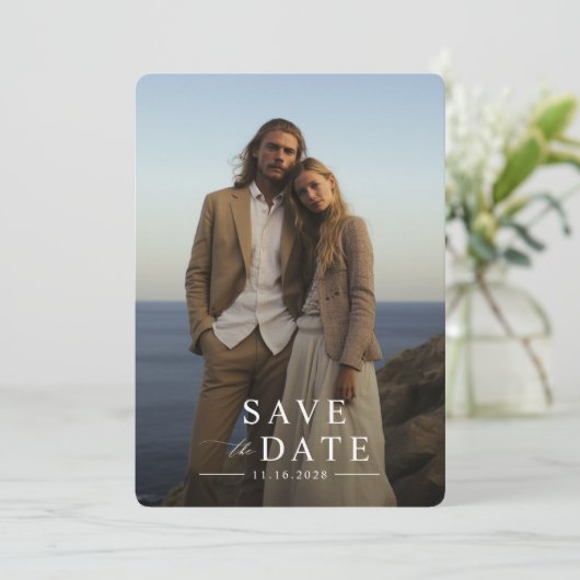 Elegant Zwart & Wit Eenvoudige Foto Bruiloft Save The Date (Staand voorkant)