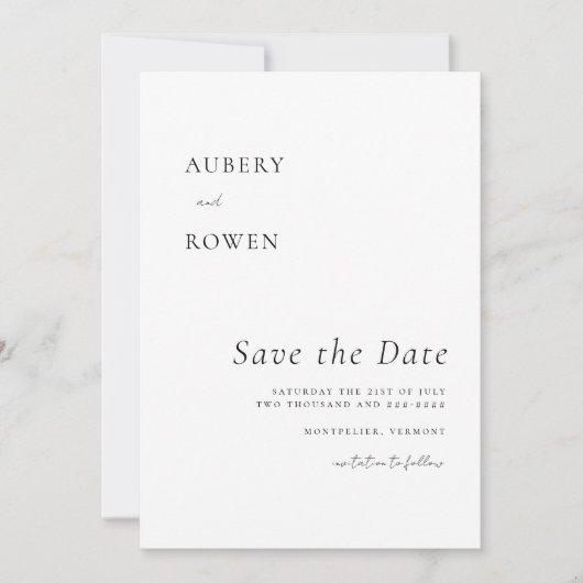 Elegant Zwart & Wit Eenvoudige Minimalistische Bru Save The Date (Voorkant)