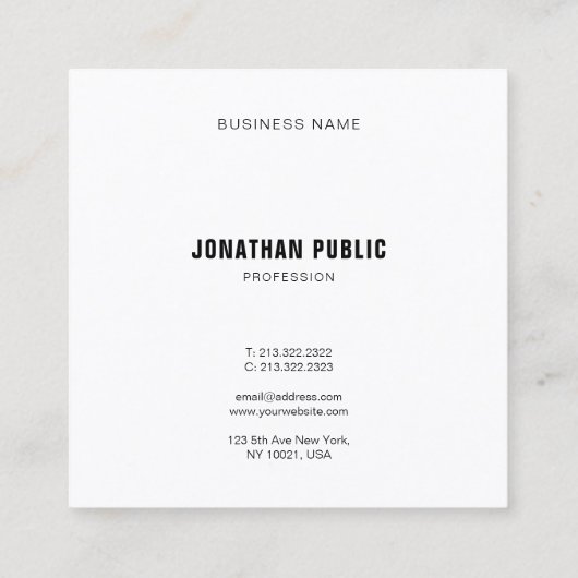 Elegant zwart wit eenvoudige vlakte professionele  vierkante visitekaartje (Achterkant)