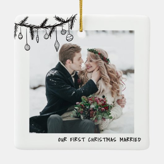 Elegant zwart wit eerste kerstfoto keramisch ornament (Achterkant)