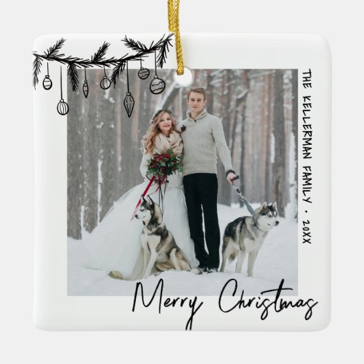 Elegant zwart wit eerste kerstfoto keramisch ornament (Voorkant)