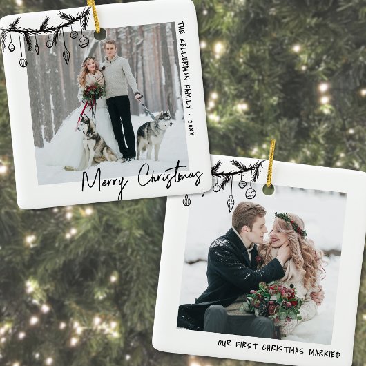 Elegant zwart wit eerste kerstfoto keramisch ornament