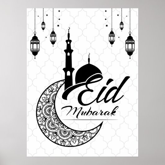 Elegant Zwart-wit Eid Mubarak Groeten Poster (Voorkant)