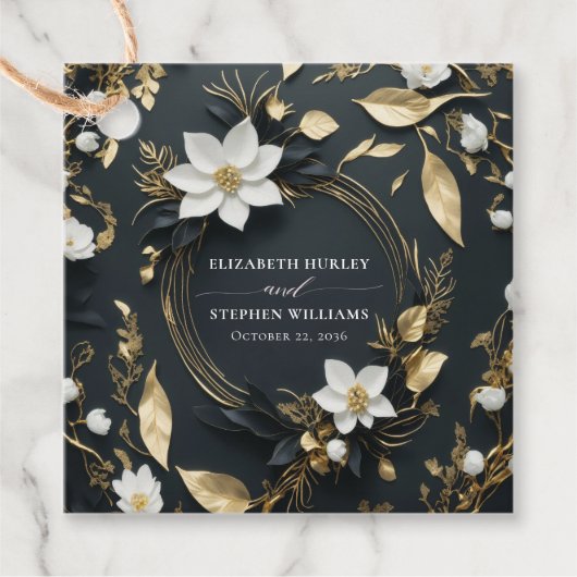 Elegant Zwart Wit en Goud Bloemen Krans Bruiloft Bedankjes Labels (Voorkant)