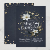 Elegant Zwart Wit en Goud Bloemen Krans Bruiloft Kaart (Voorkant / Achterkant)