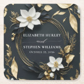 Elegant Zwart Wit en Goud Bloemen Krans Bruiloft Kartonnen Onderzetters (Voorkant)