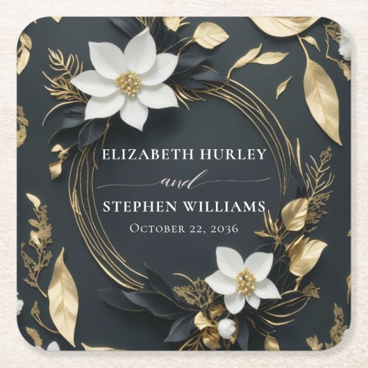 Elegant Zwart Wit en Goud Bloemen Krans Bruiloft Kartonnen Onderzetters (Voorkant)