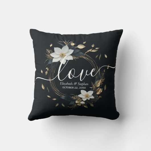 Elegant Zwart Wit en Goud Bloemen Krans Bruiloft Kussen (Achterkant)