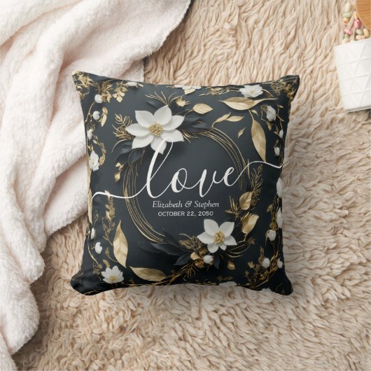 Elegant Zwart Wit en Goud Bloemen Krans Bruiloft Kussen (Deken)