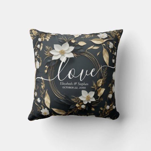 Elegant Zwart Wit en Goud Bloemen Krans Bruiloft Kussen (Achterkant)