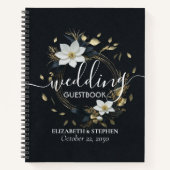 Elegant Zwart Wit en Goud Bloemen Krans Bruiloft Notitieboek (Voorkant)