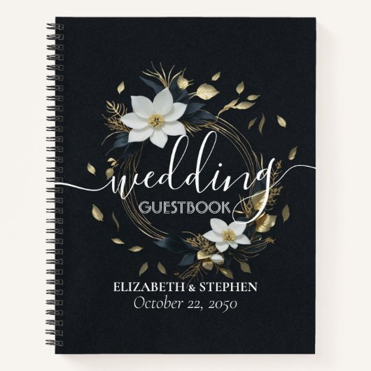 Elegant Zwart Wit en Goud Bloemen Krans Bruiloft Notitieboek (Voorkant)