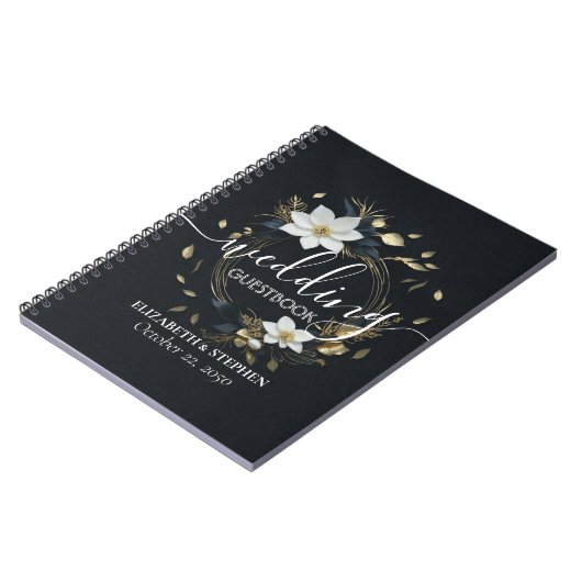 Elegant Zwart Wit en Goud Bloemen Krans Bruiloft Notitieboek (Linkerzijde)