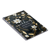 Elegant Zwart Wit en Goud Bloemen Krans Bruiloft Notitieboek (Rechterzijde)