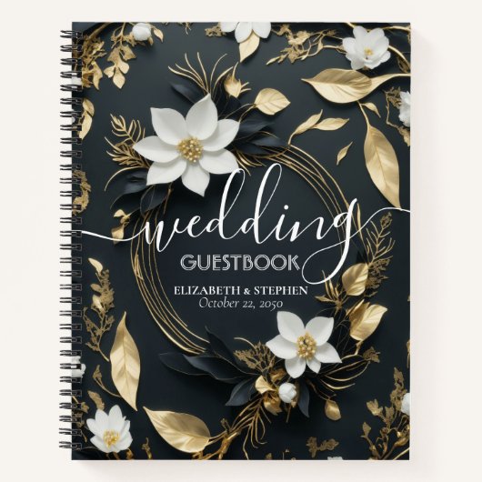 Elegant Zwart Wit en Goud Bloemen Krans Bruiloft Notitieboek (Voorkant)