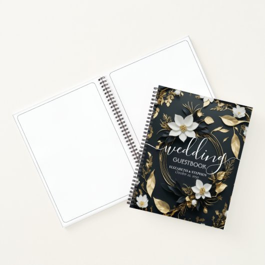 Elegant Zwart Wit en Goud Bloemen Krans Bruiloft Notitieboek (Binnen)