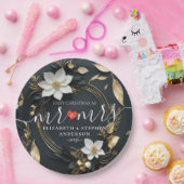 Elegant Zwart Wit en Goud Bloemen Krans Bruiloft Papieren Bordje (Feest)