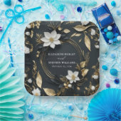 Elegant Zwart Wit en Goud Bloemen Krans Bruiloft Papieren Bordje (Feest)