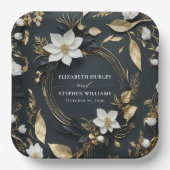 Elegant Zwart Wit en Goud Bloemen Krans Bruiloft Papieren Bordje (Voorkant)