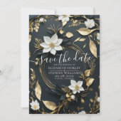 Elegant Zwart Wit en Goud Bloemen Krans Bruiloft Save The Date (Voorkant)