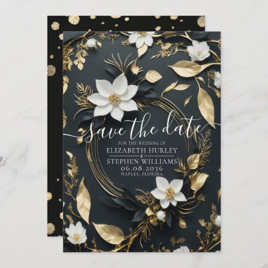 Elegant Zwart Wit en Goud Bloemen Krans Bruiloft Save The Date (Voorkant / Achterkant)