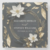 Elegant Zwart Wit en Goud Bloemen Krans Bruiloft Stenen Onderzetter (Voorkant)