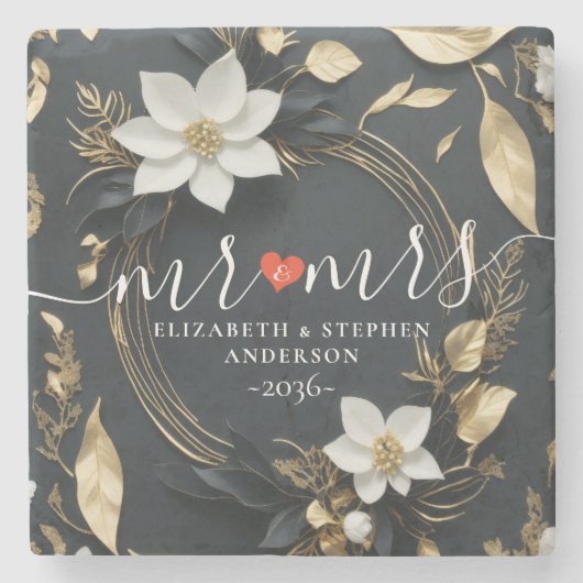 Elegant Zwart Wit en Goud Bloemen Krans Bruiloft Stenen Onderzetter (Voorkant)