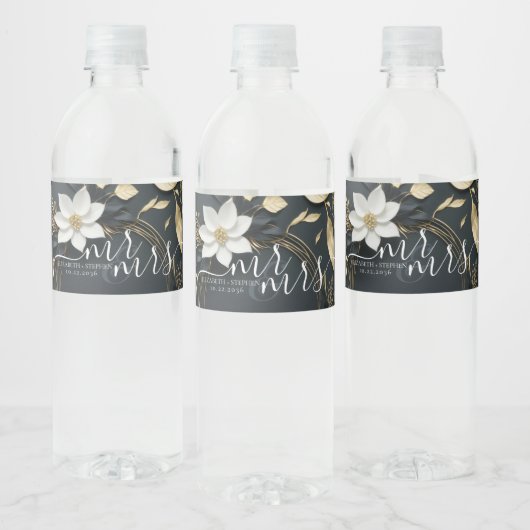 Elegant Zwart Wit en Goud Bloemen Krans Bruiloft Waterfles Etiket (Flessen)