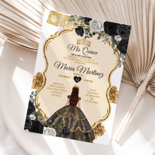 Elegant Zwart Wit en Goud Bloemen Mis Quince Kaart