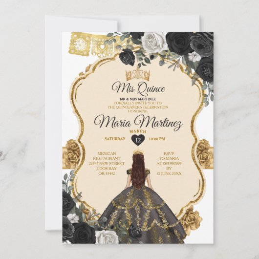 Elegant Zwart Wit en Goud Bloemen Mis Quince Kaart (Voorkant)