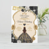 Elegant Zwart Wit en Goud Bloemen Mis Quince Kaart (Staand voorkant)