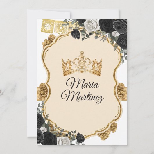 Elegant Zwart Wit en Goud Bloemen Mis Quince Kaart (Achterkant)