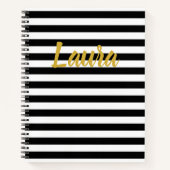 Elegant Zwart Wit en Goud Script Naam Strepen Notitieboek (Voorkant)