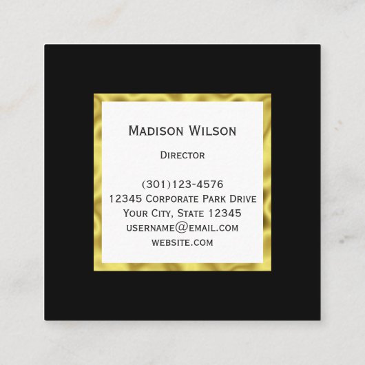 Elegant Zwart Wit en Gouden Naam Monogram Vierkante Visitekaartje (Achterkant)