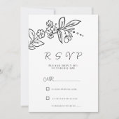 Elegant zwart wit enkelvoudig bloemig RSVP Kaart (Voorkant)