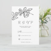 Elegant zwart wit enkelvoudig bloemig RSVP Kaart (Staand voorkant)