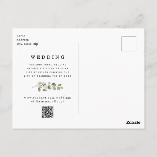 Elegant zwart-wit Eucalyptus Save the Date QR Briefkaart (Achterkant)
