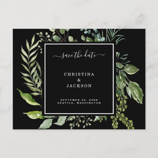 Elegant zwart-wit Eucalyptus Save the Date QR Briefkaart (Voorkant)