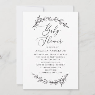 Elegant zwart-wit floral script baby shower kaart