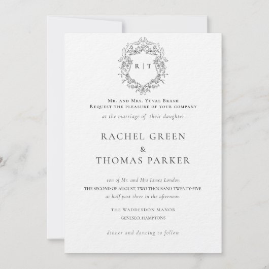 Elegant Zwart & Wit Formele Monogram Bruiloft Kaart (Voorkant)