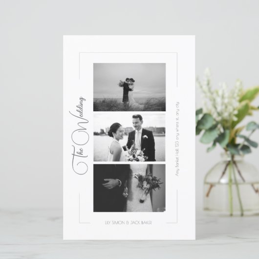 Elegant zwart wit foto collage bruiloft menu (Staand voorkant)