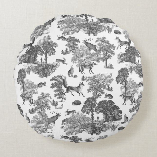 Elegant Zwart Wit Fox Konijn Woodland Toile Rond Kussen (Voorkant)